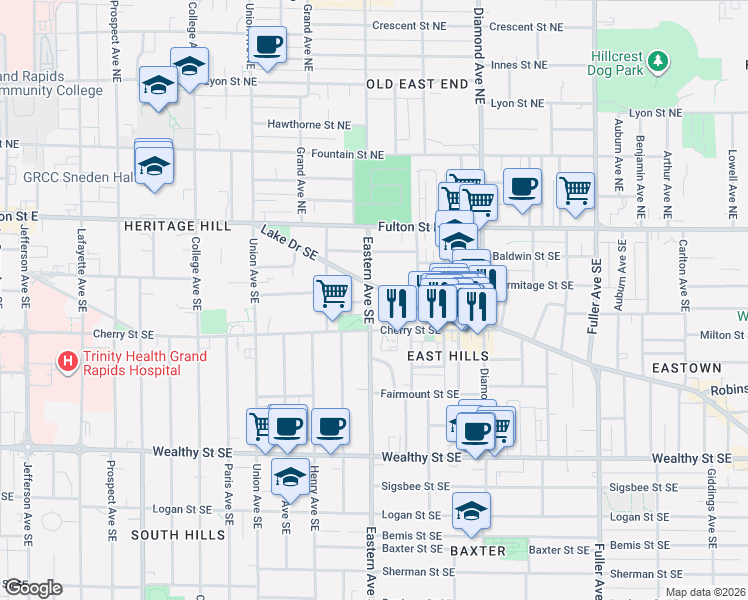 map of restaurants, bars, coffee shops, grocery stores, and more near 123 Abney Avenue Southeast in Grand Rapids