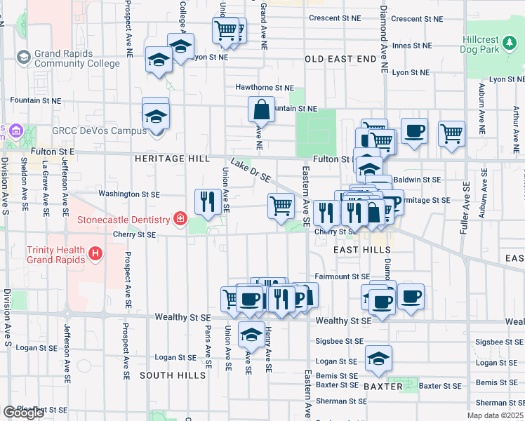map of restaurants, bars, coffee shops, grocery stores, and more near 123 Packard Avenue Southeast in Grand Rapids