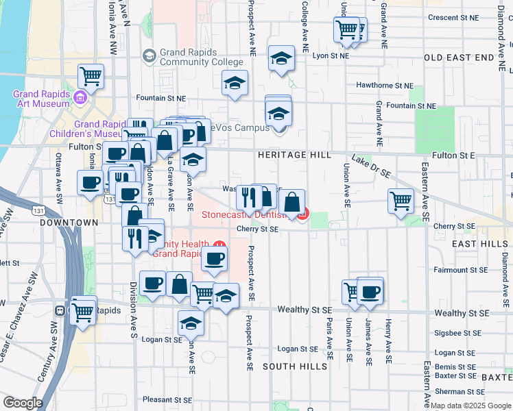 map of restaurants, bars, coffee shops, grocery stores, and more near 340 State Street Southeast in Grand Rapids
