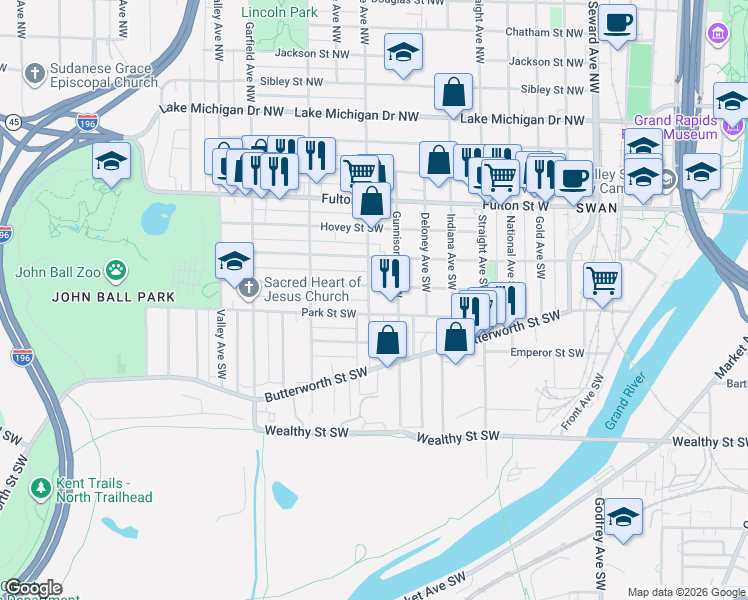 map of restaurants, bars, coffee shops, grocery stores, and more near 951 Park Street Southwest in Grand Rapids