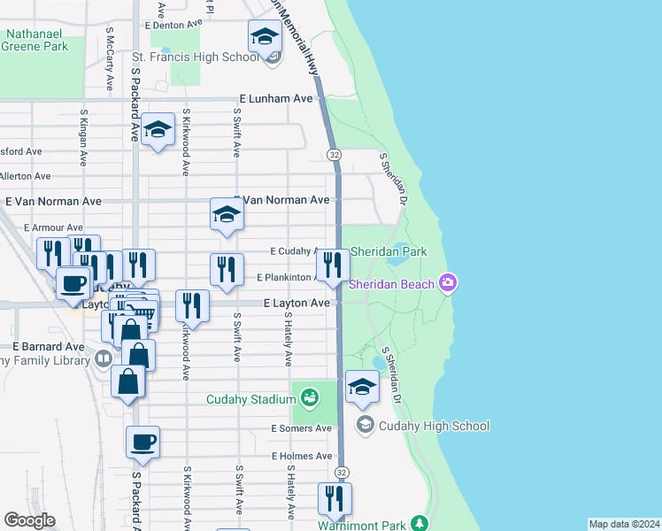 map of restaurants, bars, coffee shops, grocery stores, and more near 4647 South Lake Drive in Cudahy