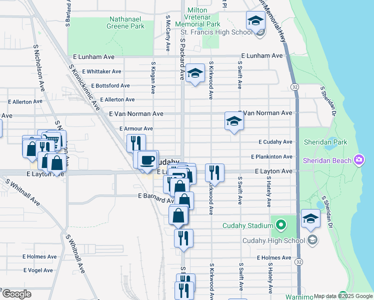 map of restaurants, bars, coffee shops, grocery stores, and more near 3613 East Plankinton Avenue in Cudahy