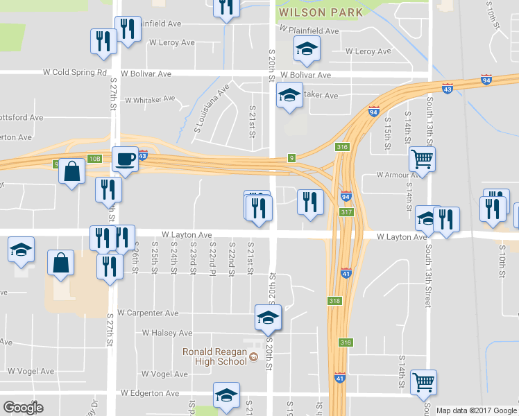 map of restaurants, bars, coffee shops, grocery stores, and more near 4661 South 20th Street in Milwaukee