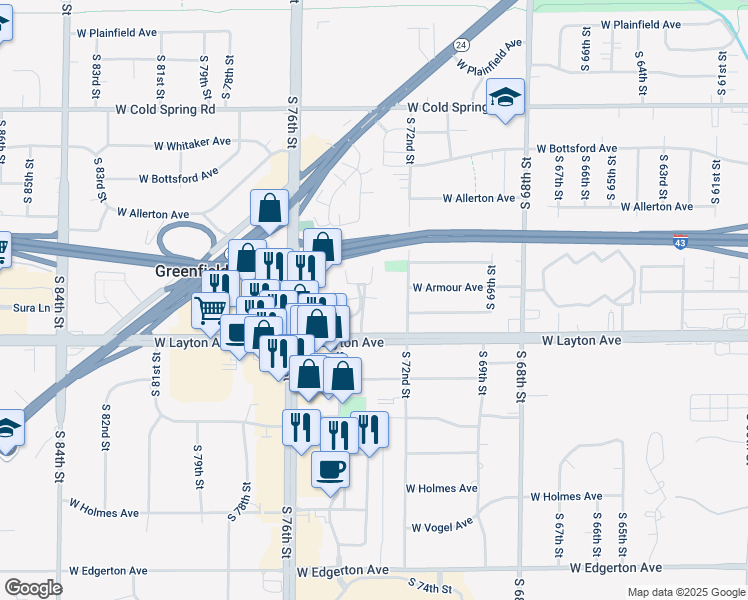 map of restaurants, bars, coffee shops, grocery stores, and more near 7306 West Layton Avenue in Greenfield
