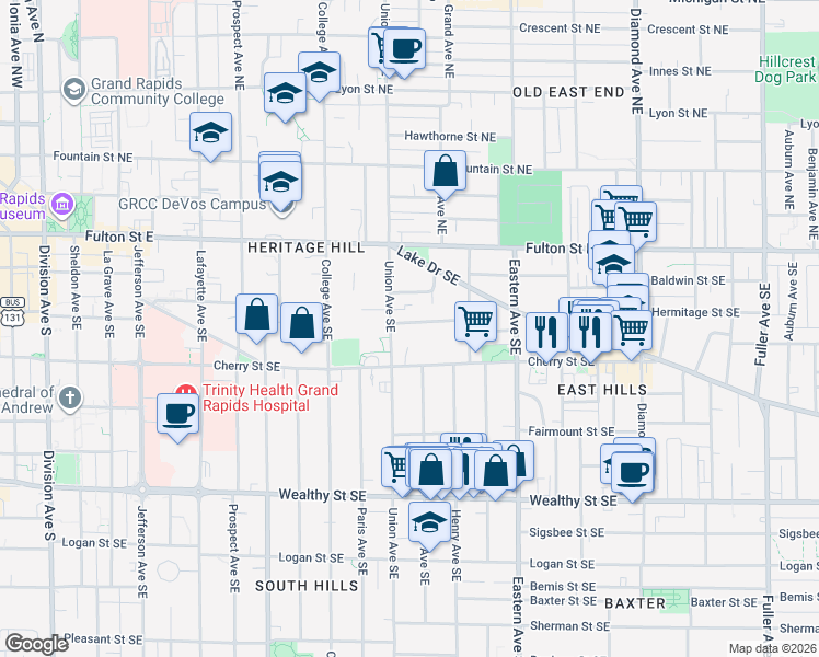 map of restaurants, bars, coffee shops, grocery stores, and more near 616 Kellogg Street Southeast in Grand Rapids