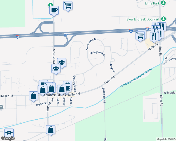 map of restaurants, bars, coffee shops, grocery stores, and more near Springbrook Drive in Swartz Creek