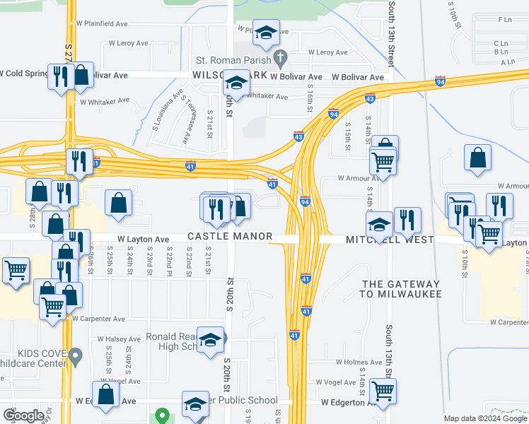 map of restaurants, bars, coffee shops, grocery stores, and more near 4622 South 20th Street in Milwaukee