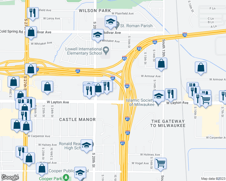 map of restaurants, bars, coffee shops, grocery stores, and more near 4618 South 20th Street in Milwaukee