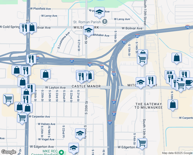 map of restaurants, bars, coffee shops, grocery stores, and more near 4626 South 20th Street in Milwaukee