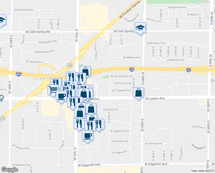 map of restaurants, bars, coffee shops, grocery stores, and more near 4631 South 72nd Street in Greenfield