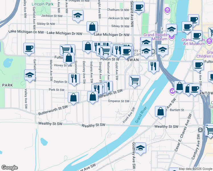 map of restaurants, bars, coffee shops, grocery stores, and more near 156 National Avenue Southwest in Grand Rapids