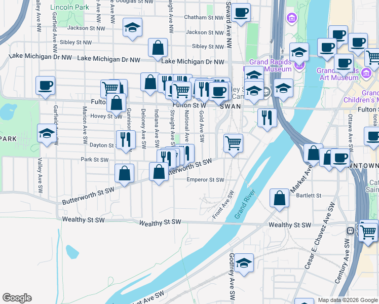 map of restaurants, bars, coffee shops, grocery stores, and more near 156 National Avenue Southwest in Grand Rapids