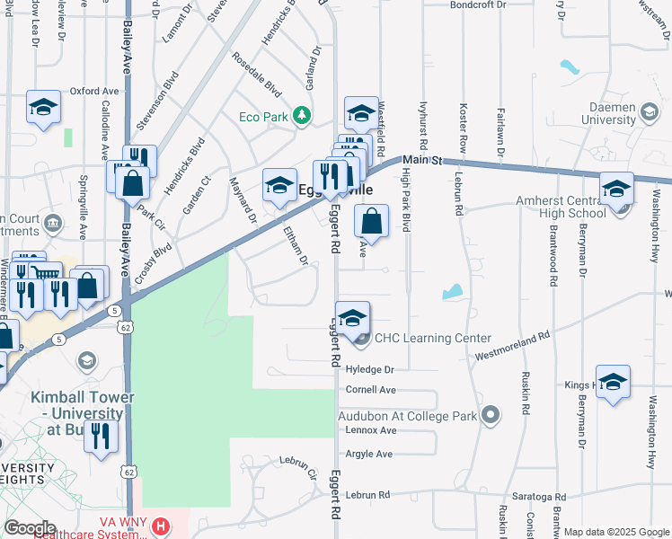 map of restaurants, bars, coffee shops, grocery stores, and more near Eggert Rd & Norman Pl in Buffalo