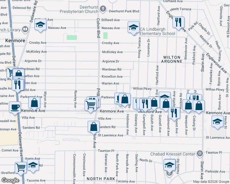 map of restaurants, bars, coffee shops, grocery stores, and more near 349 Parkwood Avenue in Buffalo
