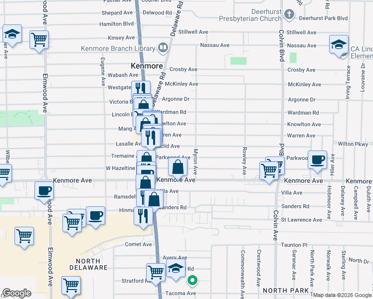 map of restaurants, bars, coffee shops, grocery stores, and more near 65 Parkwood Avenue in Kenmore