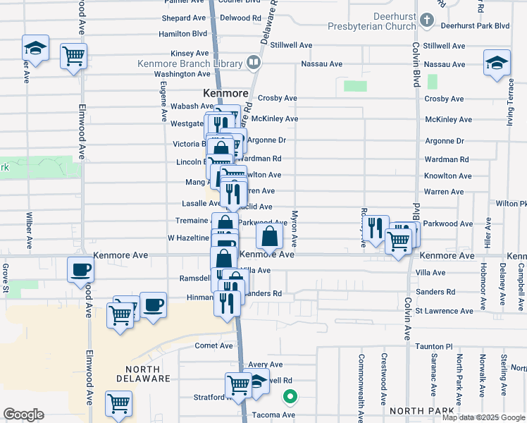 map of restaurants, bars, coffee shops, grocery stores, and more near 65 Parkwood Avenue in Kenmore