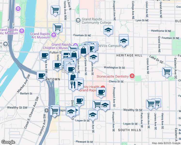 map of restaurants, bars, coffee shops, grocery stores, and more near 120 La Grave Avenue Southeast in Grand Rapids