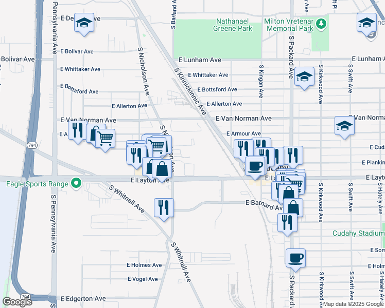 map of restaurants, bars, coffee shops, grocery stores, and more near 3250 East Layton Avenue in Cudahy