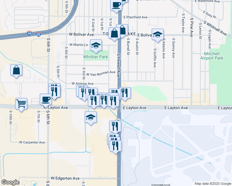 map of restaurants, bars, coffee shops, grocery stores, and more near 4638 South 1st Street in Milwaukee