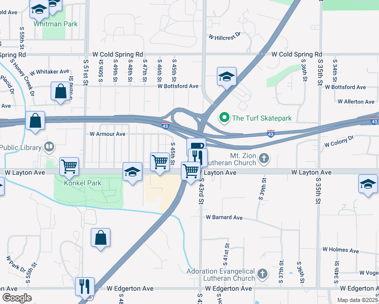map of restaurants, bars, coffee shops, grocery stores, and more near 4306 West Layton Avenue in Greenfield