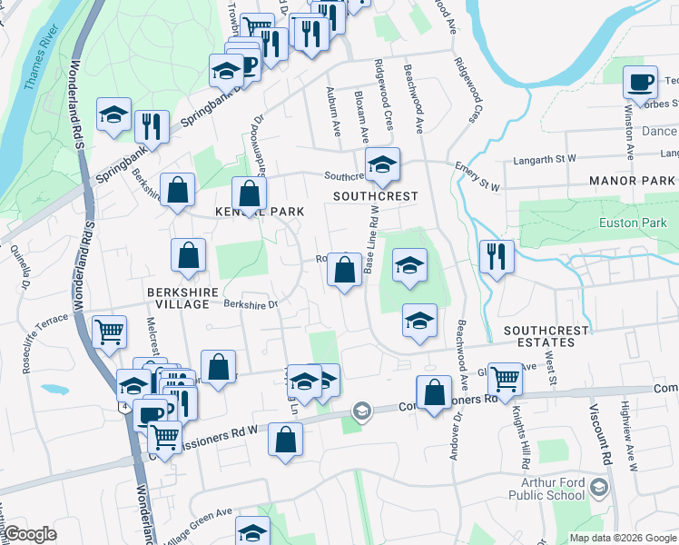 map of restaurants, bars, coffee shops, grocery stores, and more near 79 Southwood Crescent in London
