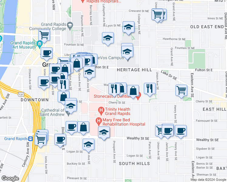 map of restaurants, bars, coffee shops, grocery stores, and more near 119 Prospect Avenue Southeast in Grand Rapids