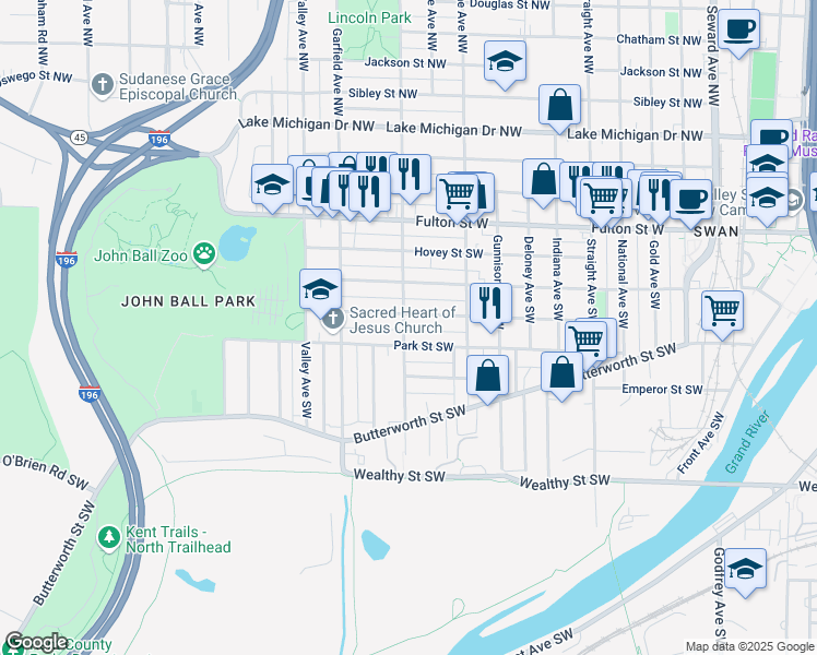 map of restaurants, bars, coffee shops, grocery stores, and more near 142 Marion Avenue Southwest in Grand Rapids