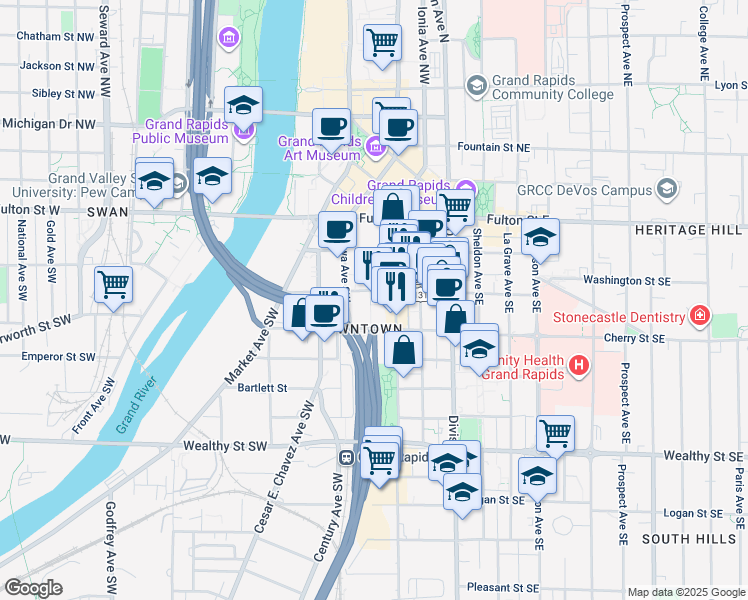 map of restaurants, bars, coffee shops, grocery stores, and more near in Grand Rapids
