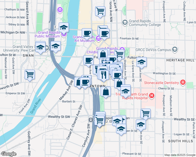 map of restaurants, bars, coffee shops, grocery stores, and more near 122 Oakes Street Southwest in Grand Rapids