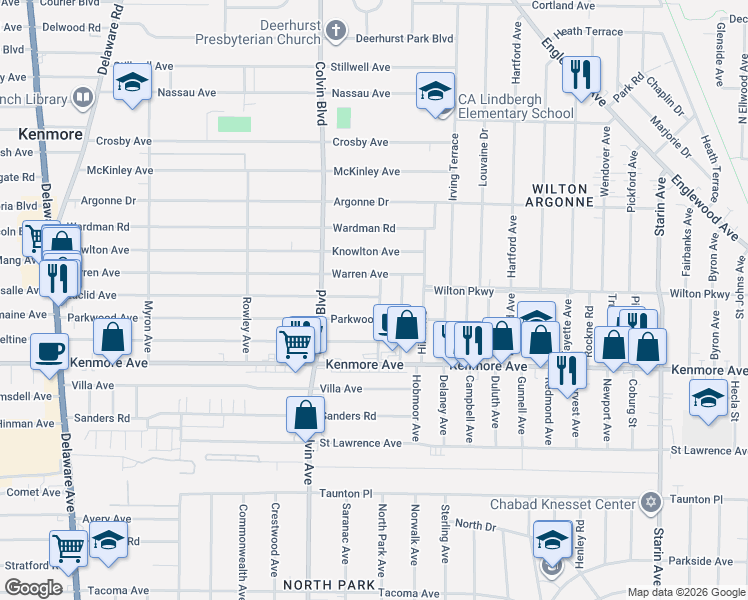 map of restaurants, bars, coffee shops, grocery stores, and more near 349 Parkwood Avenue in Buffalo