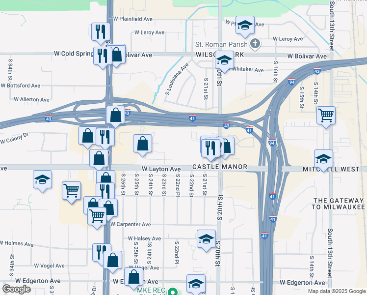 map of restaurants, bars, coffee shops, grocery stores, and more near 2206 West Layton Avenue in Milwaukee
