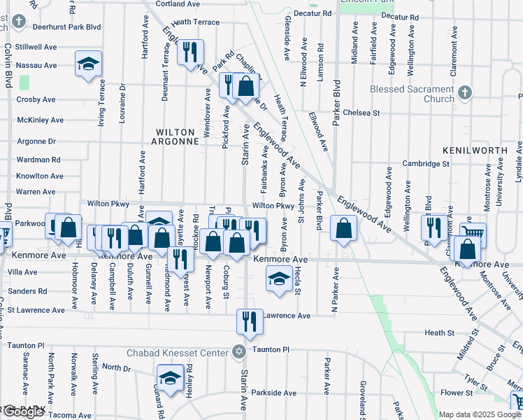 map of restaurants, bars, coffee shops, grocery stores, and more near 56 Fairbanks Avenue in Buffalo