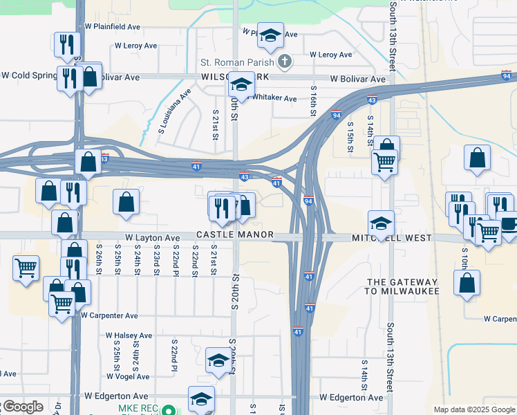 map of restaurants, bars, coffee shops, grocery stores, and more near 4628 South 20th Street in Milwaukee