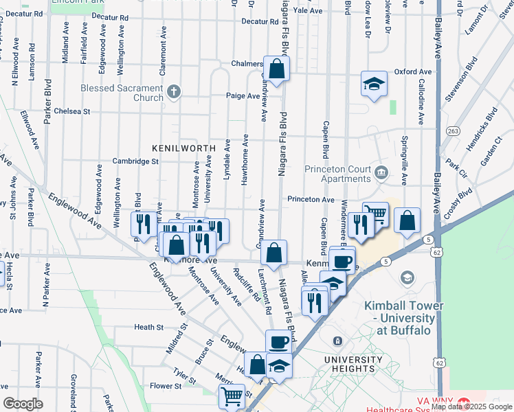 map of restaurants, bars, coffee shops, grocery stores, and more near 58 Grandview Avenue in Buffalo