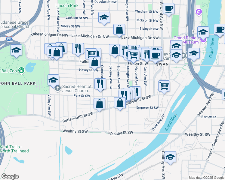 map of restaurants, bars, coffee shops, grocery stores, and more near 157 Indiana Avenue Southwest in Grand Rapids
