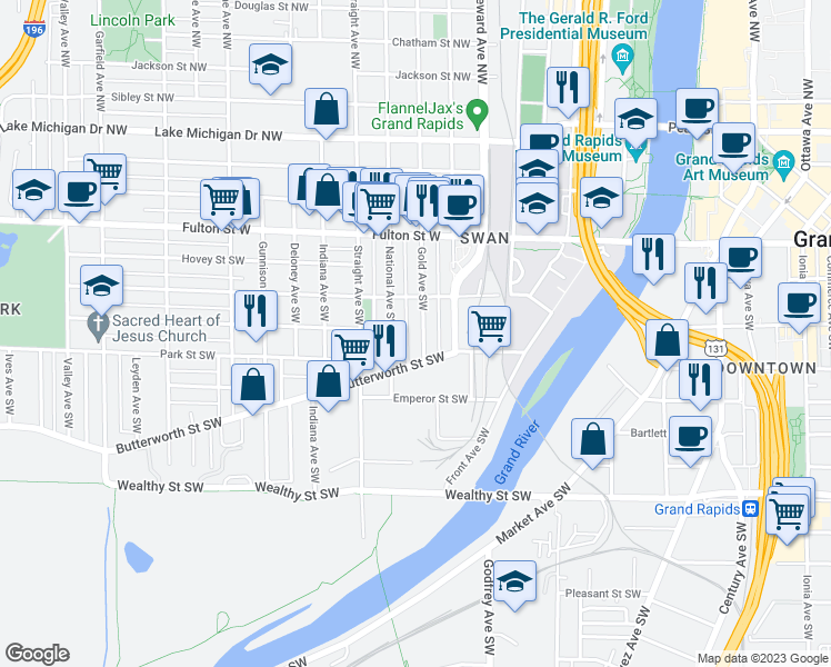 map of restaurants, bars, coffee shops, grocery stores, and more near 135 Gold Avenue Southwest in Grand Rapids