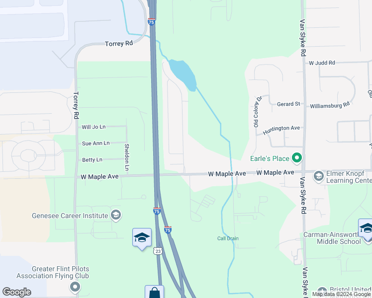 map of restaurants, bars, coffee shops, grocery stores, and more near 4489 Jena Lane in Flint