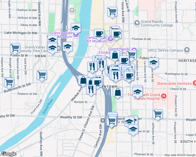 map of restaurants, bars, coffee shops, grocery stores, and more near 143 Cherry Street Southwest in Grand Rapids