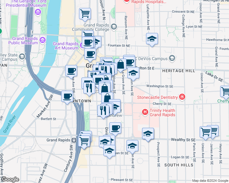 map of restaurants, bars, coffee shops, grocery stores, and more near 101 Sheldon Avenue Southeast in Grand Rapids