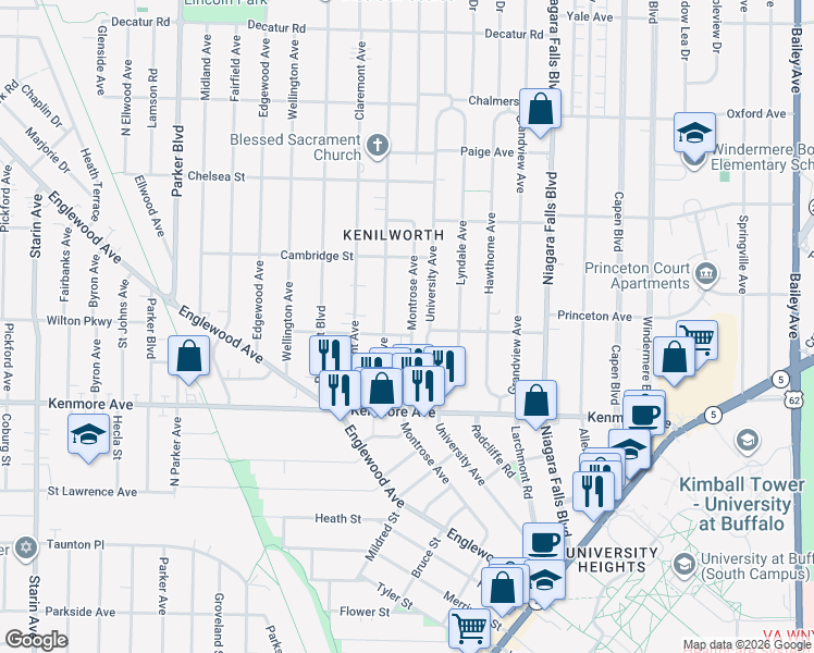 map of restaurants, bars, coffee shops, grocery stores, and more near 240 Montrose Avenue in Buffalo
