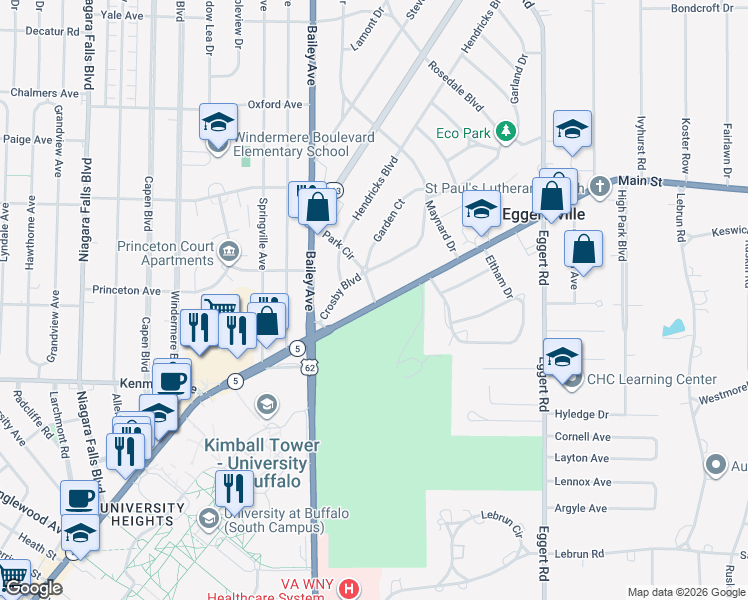 map of restaurants, bars, coffee shops, grocery stores, and more near 3690 Main Street in Buffalo
