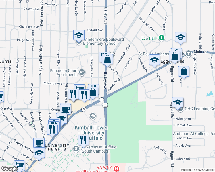 map of restaurants, bars, coffee shops, grocery stores, and more near 3666 Main Street in Buffalo
