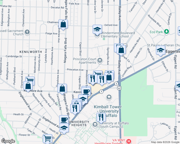 map of restaurants, bars, coffee shops, grocery stores, and more near 103 Windermere Boulevard in Buffalo