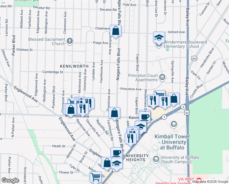 map of restaurants, bars, coffee shops, grocery stores, and more near 213 Niagara Falls Boulevard in Buffalo