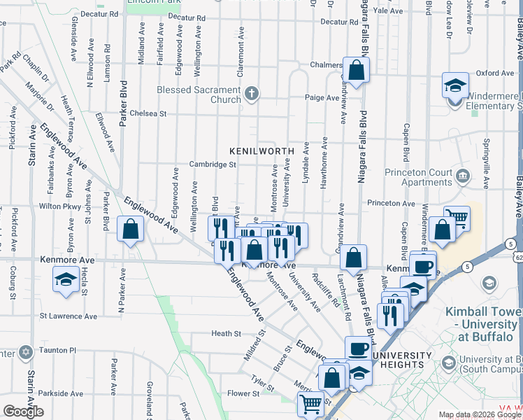 map of restaurants, bars, coffee shops, grocery stores, and more near 240 Montrose Avenue in Buffalo