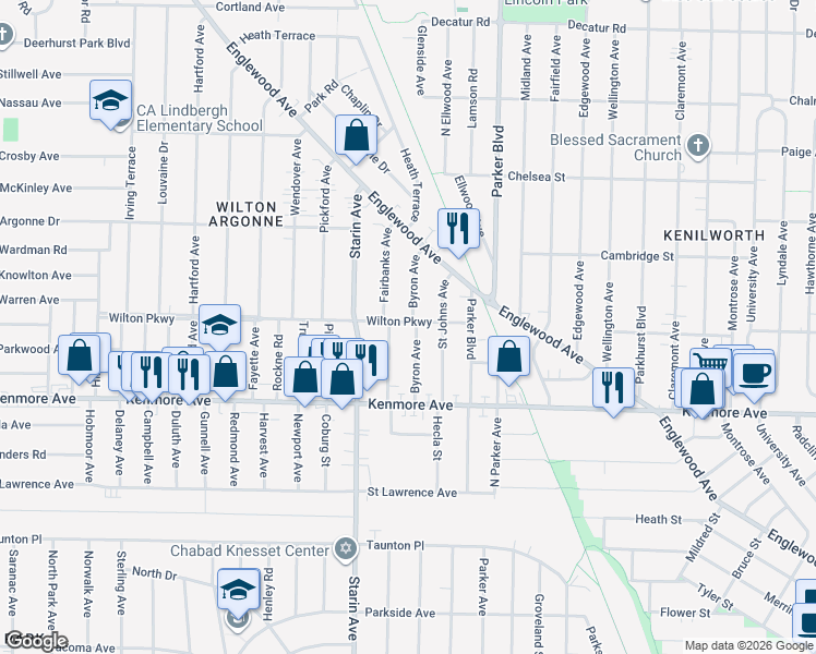 map of restaurants, bars, coffee shops, grocery stores, and more near 54 Byron Avenue in Buffalo