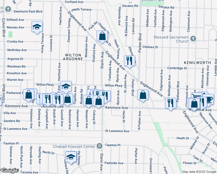map of restaurants, bars, coffee shops, grocery stores, and more near 56 Fairbanks Avenue in Buffalo