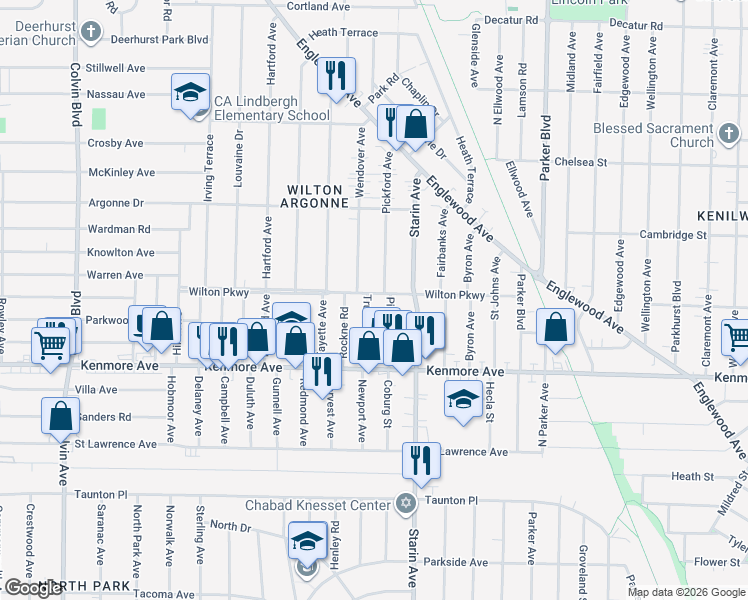 map of restaurants, bars, coffee shops, grocery stores, and more near 54 Truesdale Road in Buffalo