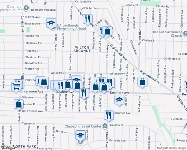 map of restaurants, bars, coffee shops, grocery stores, and more near 54 Truesdale Road in Buffalo