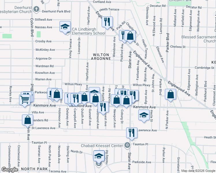 map of restaurants, bars, coffee shops, grocery stores, and more near 53 Fayette Avenue in Buffalo